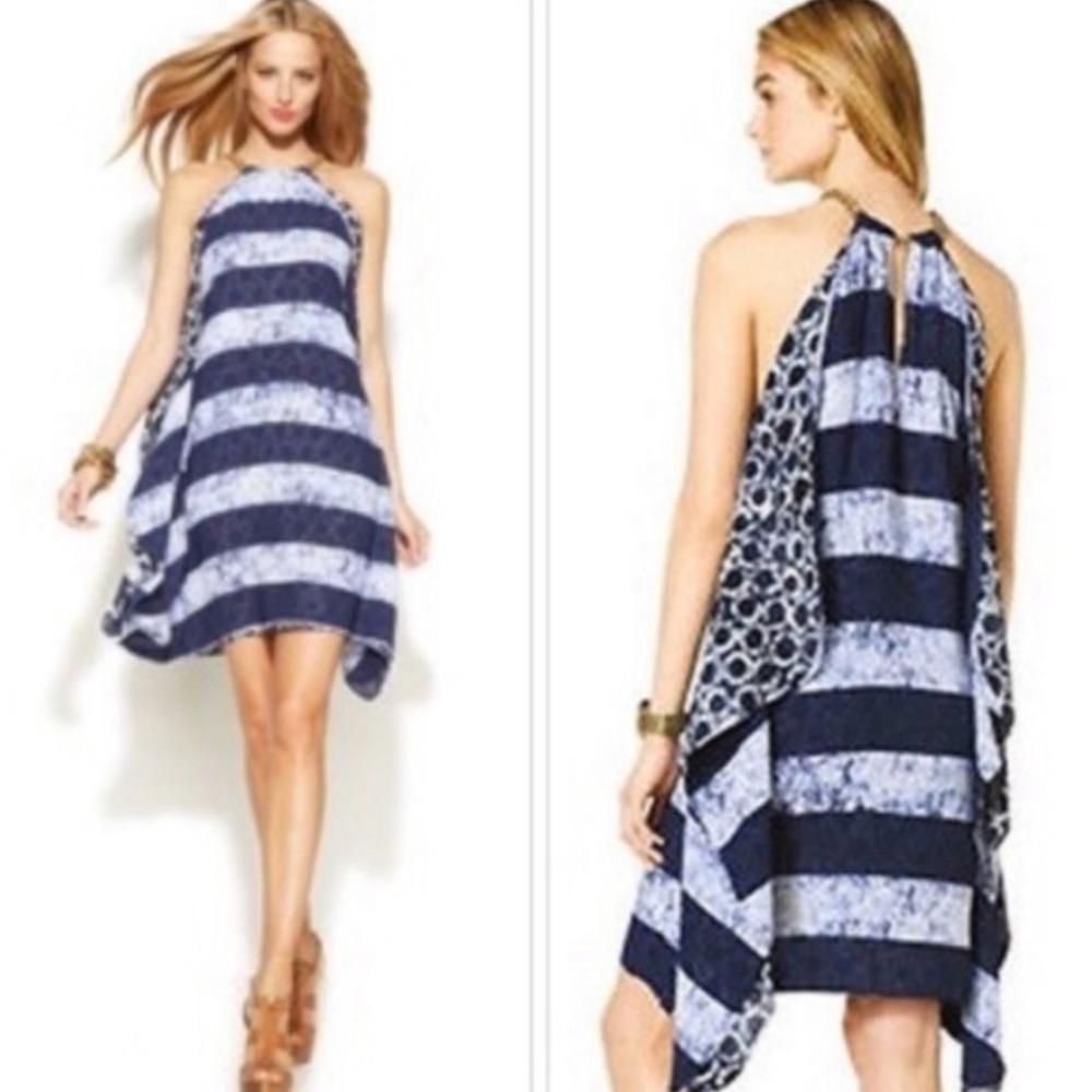 Michael Kors Flowy Striped blue dress gold chain detail XS